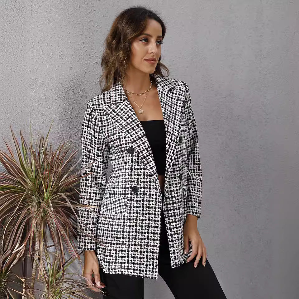 Autumn Women's Houndstooth Lapel Long Sleeve Coat