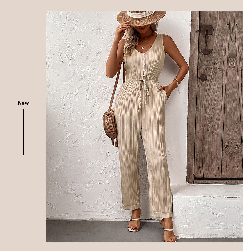 European And American Style Pleated Solid Color Suspender Jumpsuit