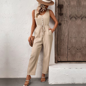 European And American Style Pleated Solid Color Suspender Jumpsuit