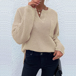 Women's Top Knitted Pullover Long Sleeve V-neck Pocket Solid Color Sweater