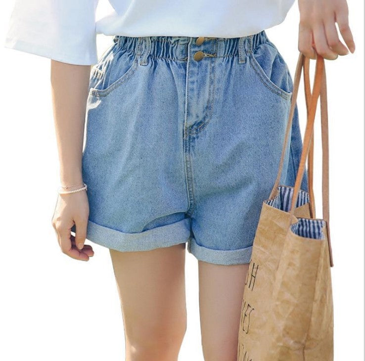 Calyx elastic waist denim shorts female summer high waist was thin student wide leg hot pants