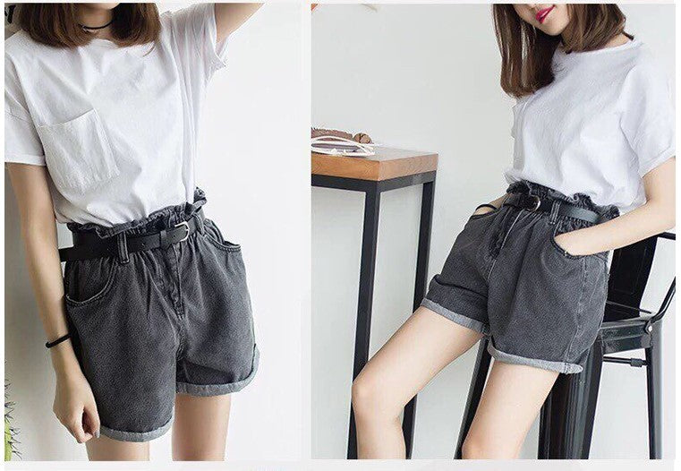 Calyx elastic waist denim shorts female summer high waist was thin student wide leg hot pants