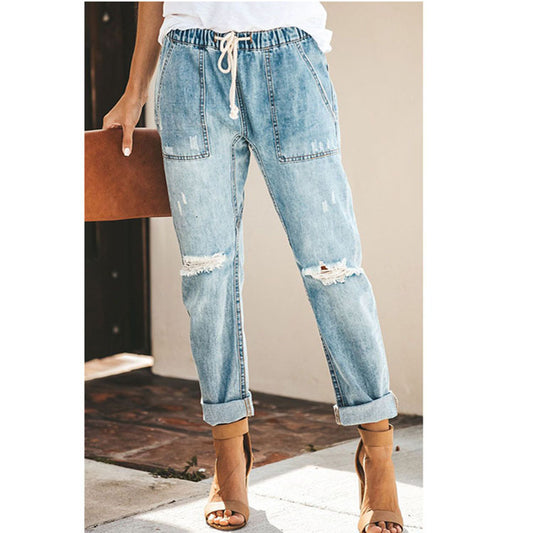 Croix-Frontière Souhaite AliExpress Femmes de Jeans Mode Casual Rue Hippie Coréenne Style Jambe Droite Pantalon Déchiré Pantalon