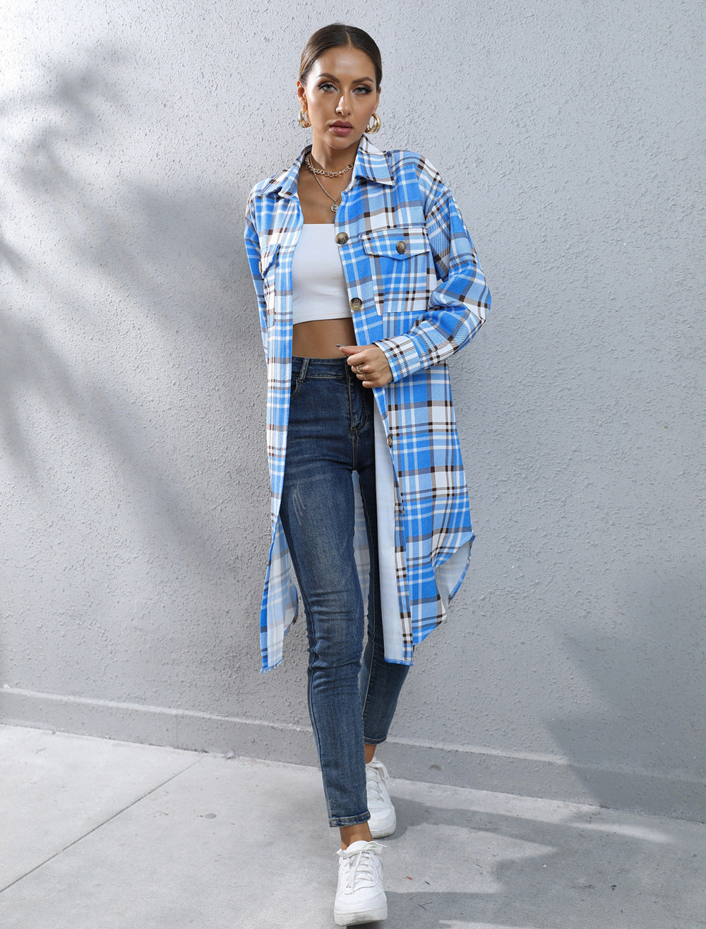 Autumn And Winter Plaid Single-breasted Long Trench Coat