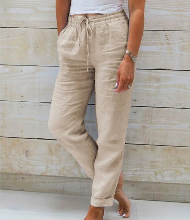 Pantalon décontracté en coton et lin taille haute pour femmes, taille élastique, couleur unie, coton et lin