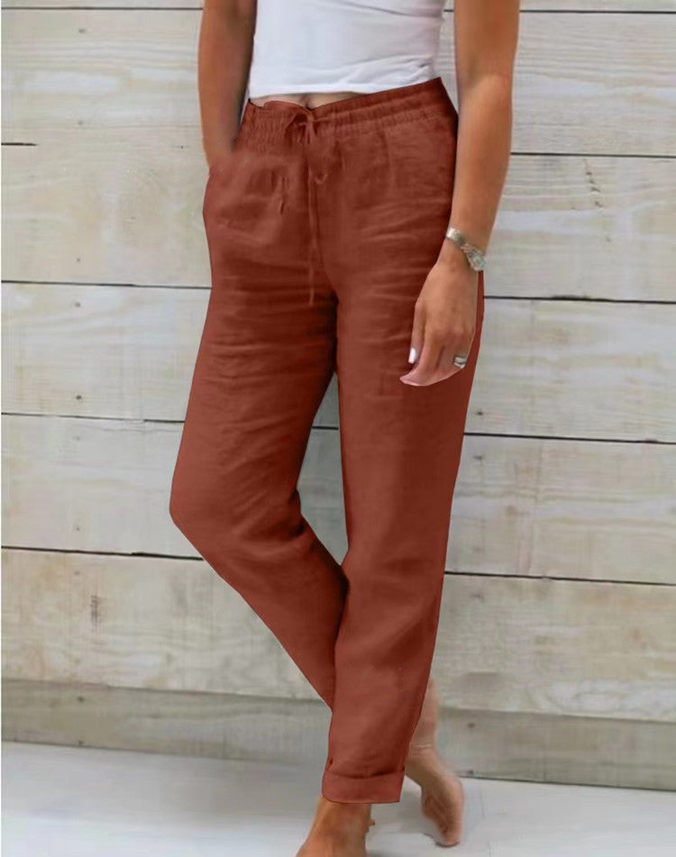 Pantalon décontracté en coton et lin taille haute pour femmes, taille élastique, couleur unie, coton et lin