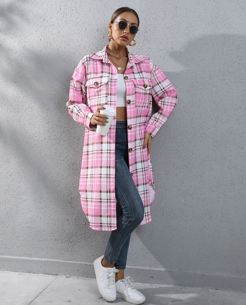 Autumn And Winter Plaid Single-breasted Long Trench Coat