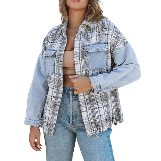 Veste de poche en denim patchwork à carreaux pour femme