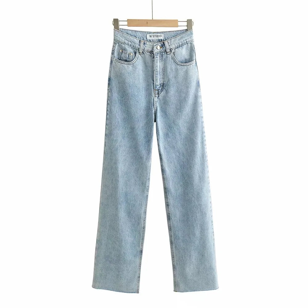 Nouveau pantalon en denim taille haute ourlet brut pour femmes