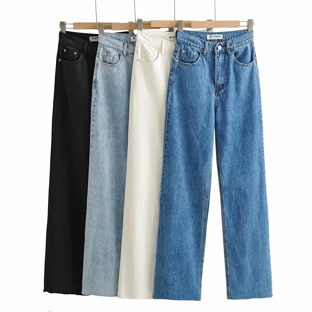 Nouveau pantalon en denim taille haute ourlet brut pour femmes