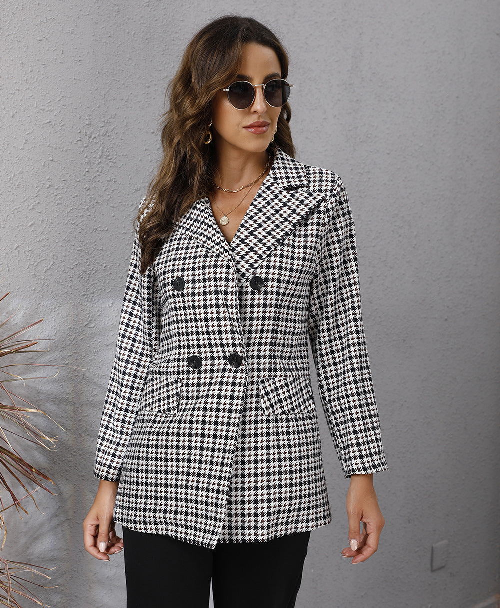 Autumn Women's Houndstooth Lapel Long Sleeve Coat