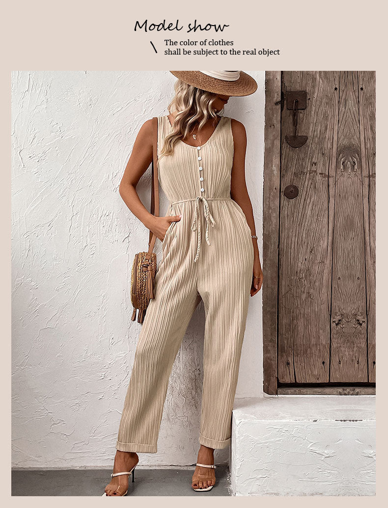 European And American Style Pleated Solid Color Suspender Jumpsuit