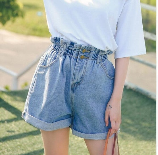 Calyx elastic waist denim shorts female summer high waist was thin student wide leg hot pants