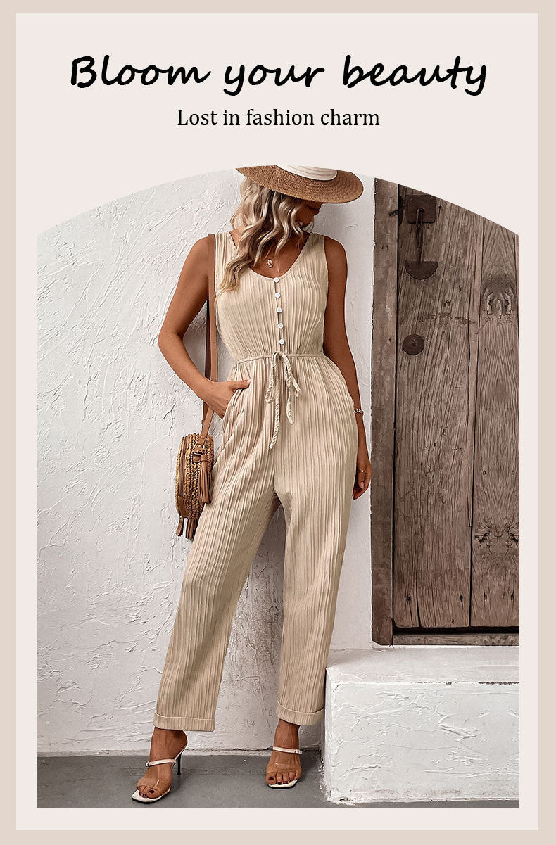 European And American Style Pleated Solid Color Suspender Jumpsuit