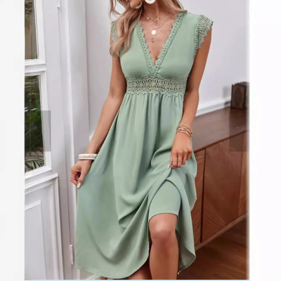 Women's Solid Color And V-neck Lace Lace Hollow-out Stitching Dress