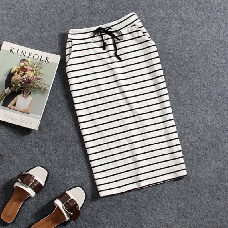 Black And White Striped Casual Pocket Mid-length Bag Hip Skirt