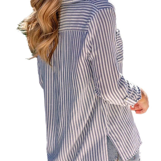 Cotton Polyester Striped Single-breasted Long Sleeve Shirt