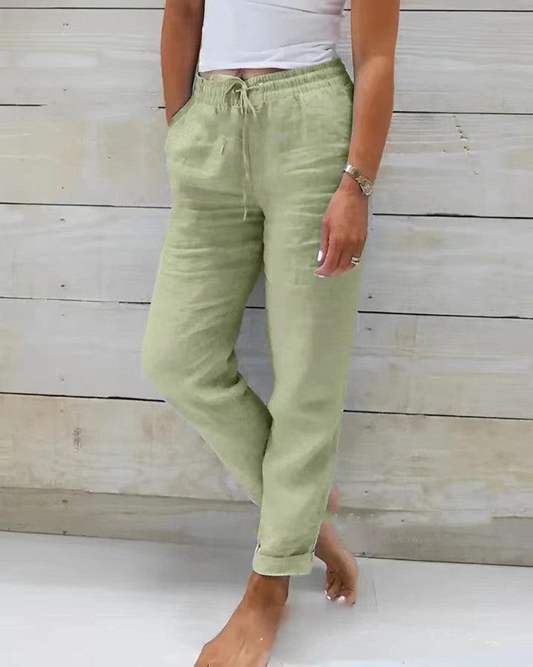 Pantalon décontracté en coton et lin taille haute pour femmes, taille élastique, couleur unie, coton et lin