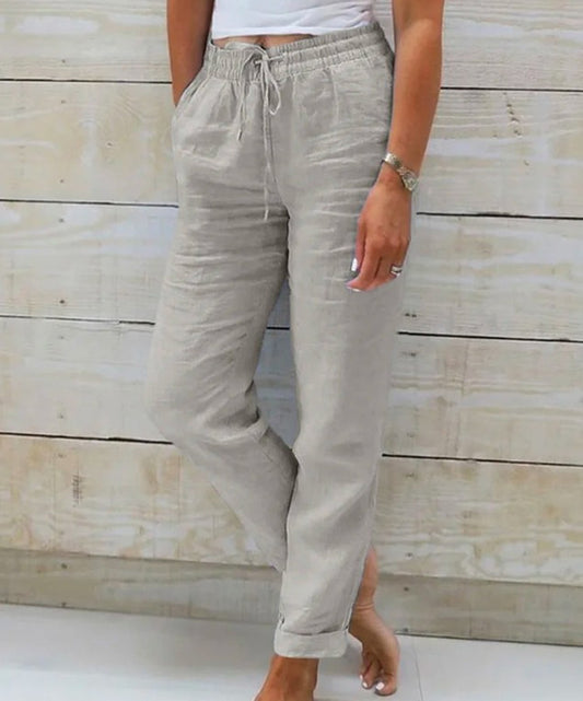 Pantalon décontracté en coton et lin taille haute pour femmes, taille élastique, couleur unie, coton et lin