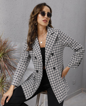 Autumn Women's Houndstooth Lapel Long Sleeve Coat