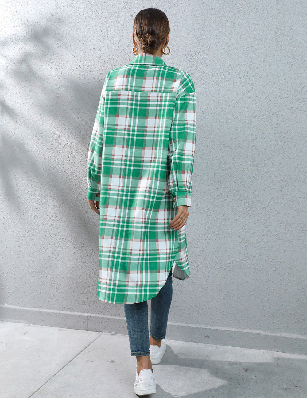 Autumn And Winter Plaid Single-breasted Long Trench Coat