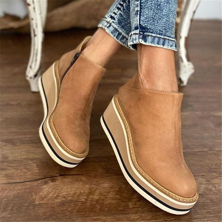 Wedge Thin Short Side Zipper Mid Heel Leather Surface Ankle Boots