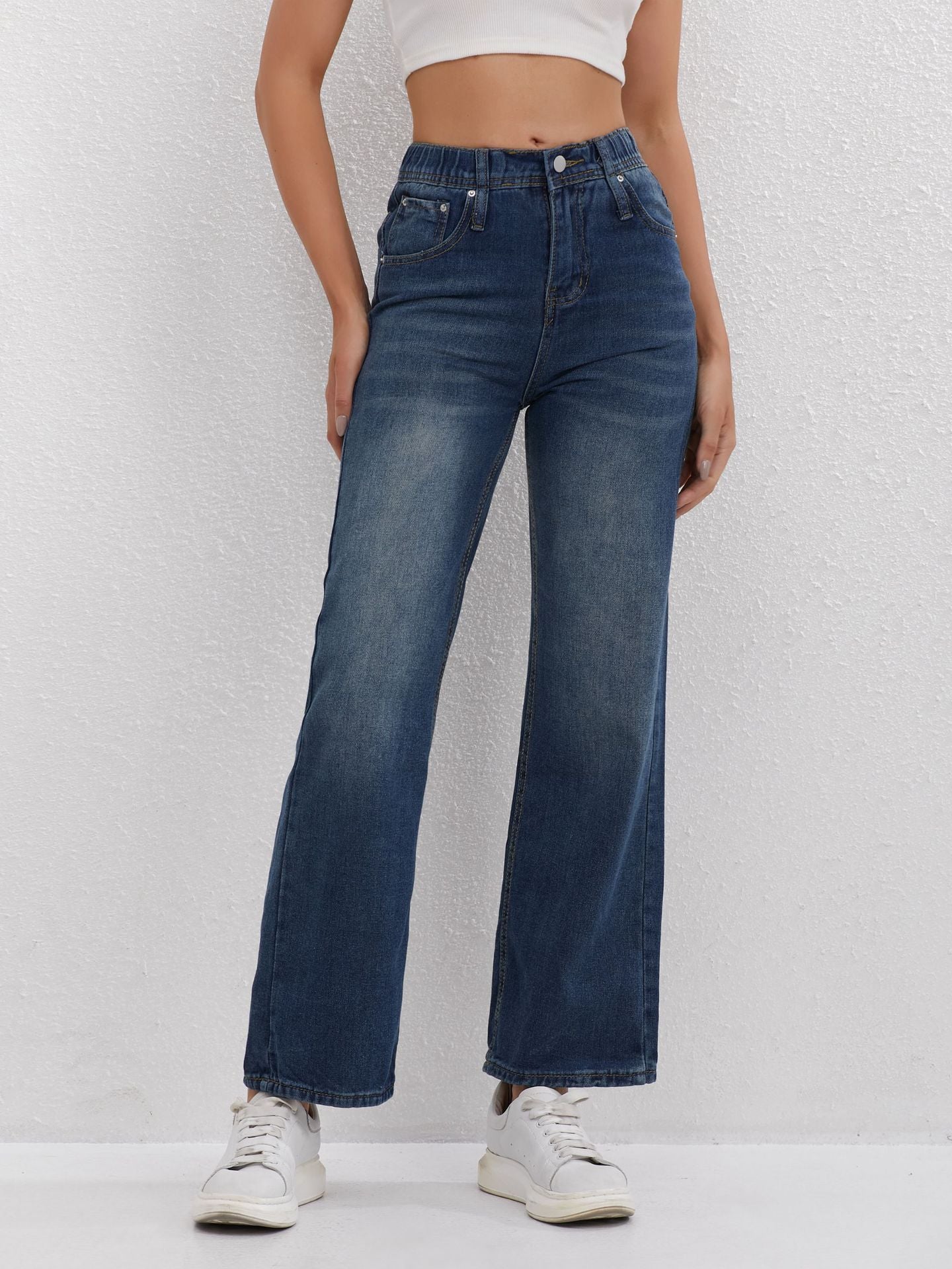 French Style All-matching Slim-fitting Mid-waist Wide Leg Jeans