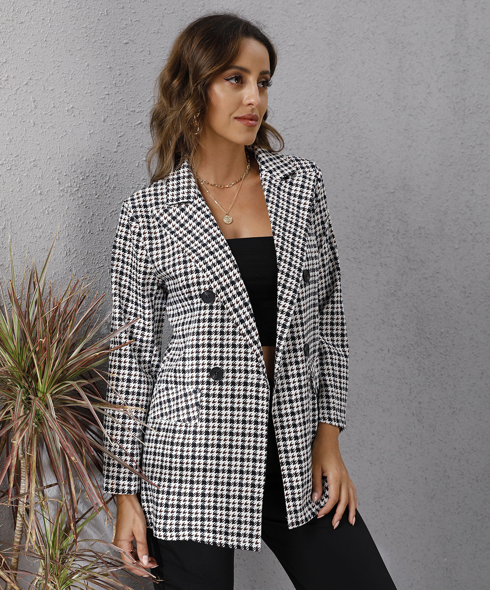 Autumn Women's Houndstooth Lapel Long Sleeve Coat