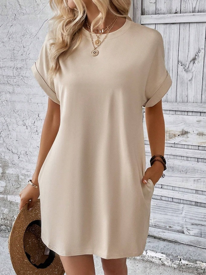 Loose Short Sleeve Dress With Pockets Summer Casual Solid Color Round Neck Straight Dresses Womens Clothing