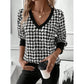 V-neck Long Sleeve Button Printed T-shirt In Contrast Color