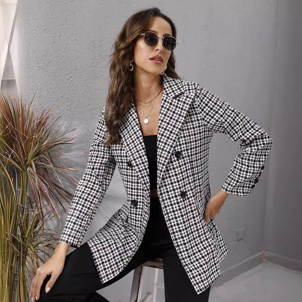 Autumn Women's Houndstooth Lapel Long Sleeve Coat