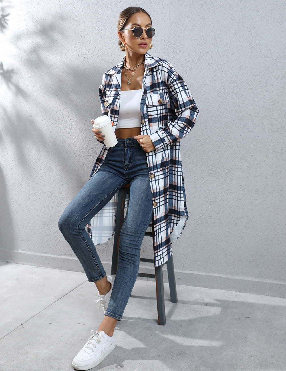 Autumn And Winter Plaid Single-breasted Long Trench Coat