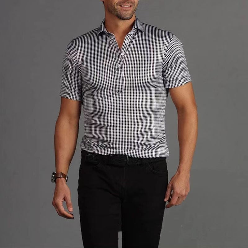 Solide couleur impression plaid manches courtes demi-col hommes