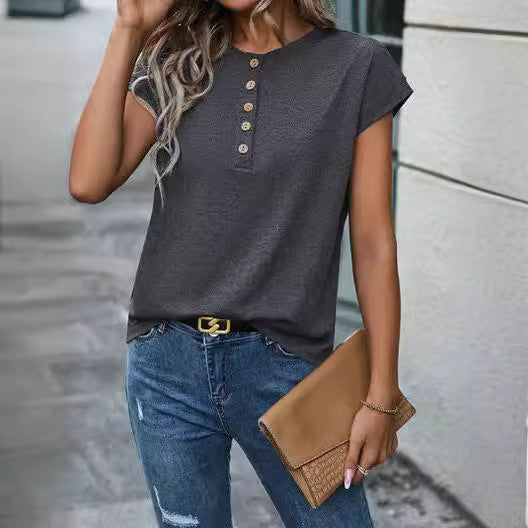 Buttons Short Sleeve Casual Ladies T-shirt