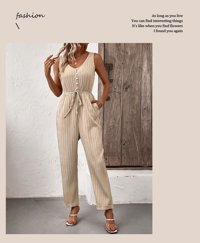 European And American Style Pleated Solid Color Suspender Jumpsuit