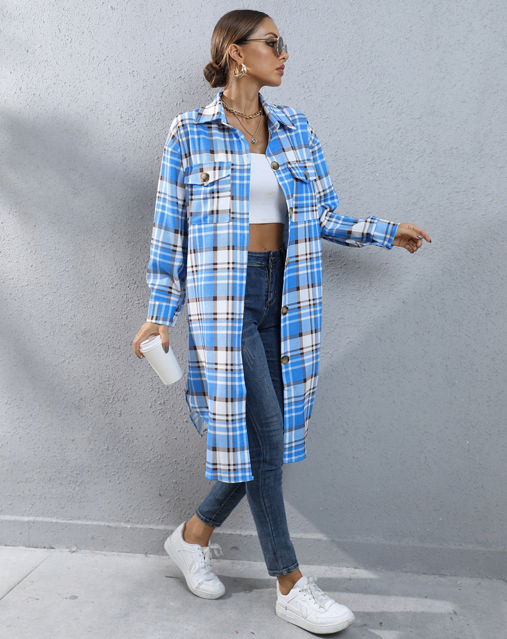 Autumn And Winter Plaid Single-breasted Long Trench Coat