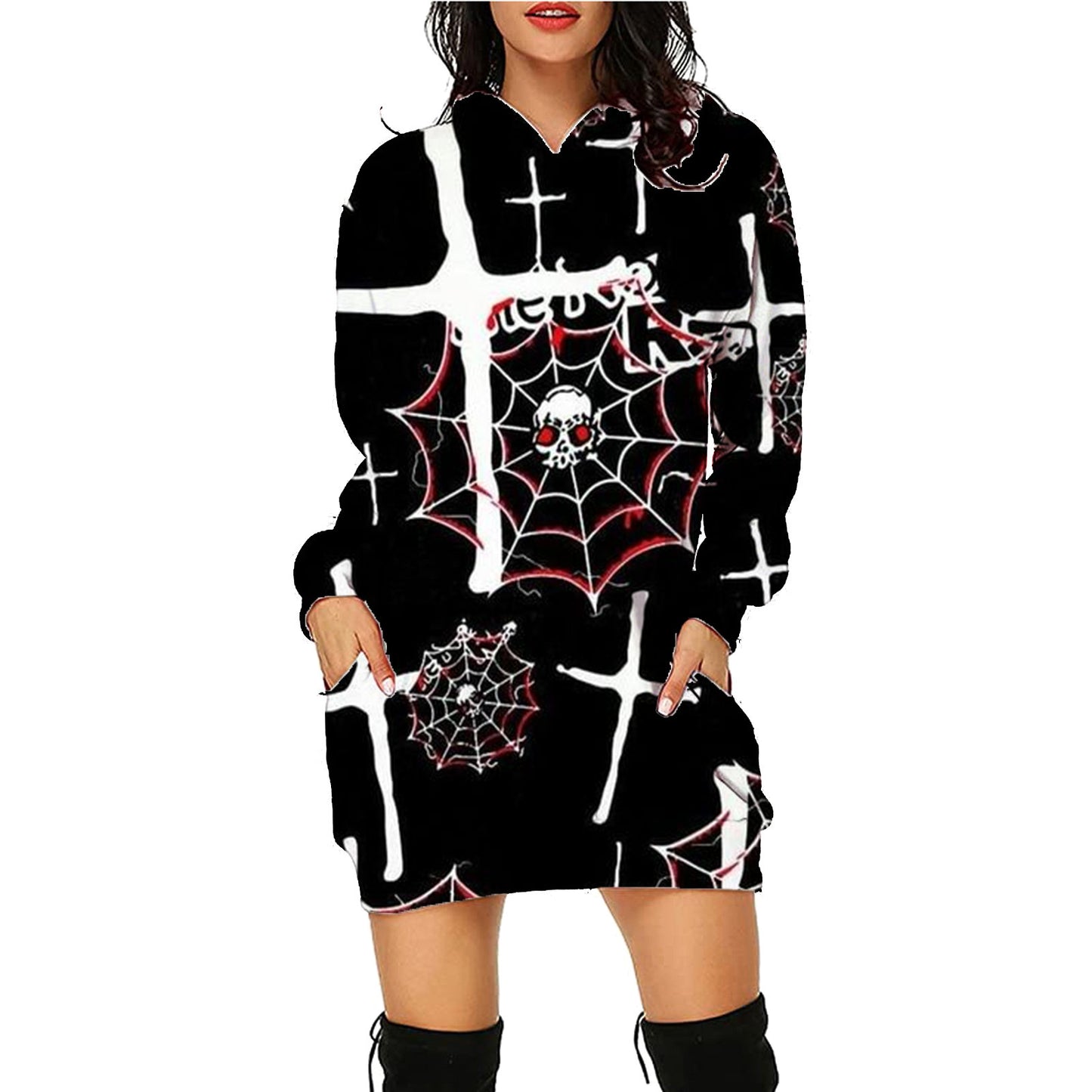 Halloween imprimé long sweat à capuche avec poches pull manches longues vêtements femmes