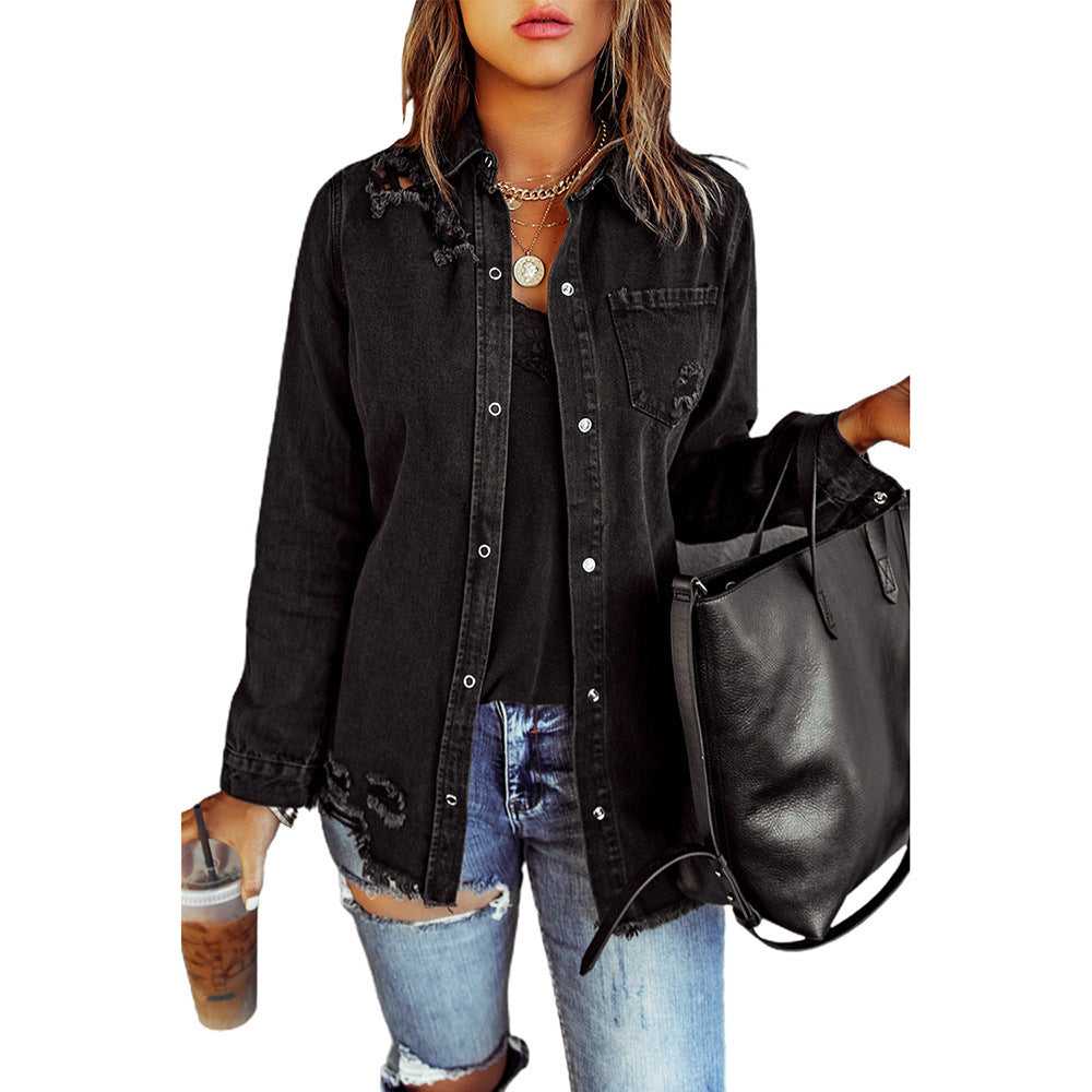 Chemise déchiré noir Denim à manches longues manteau veste femme