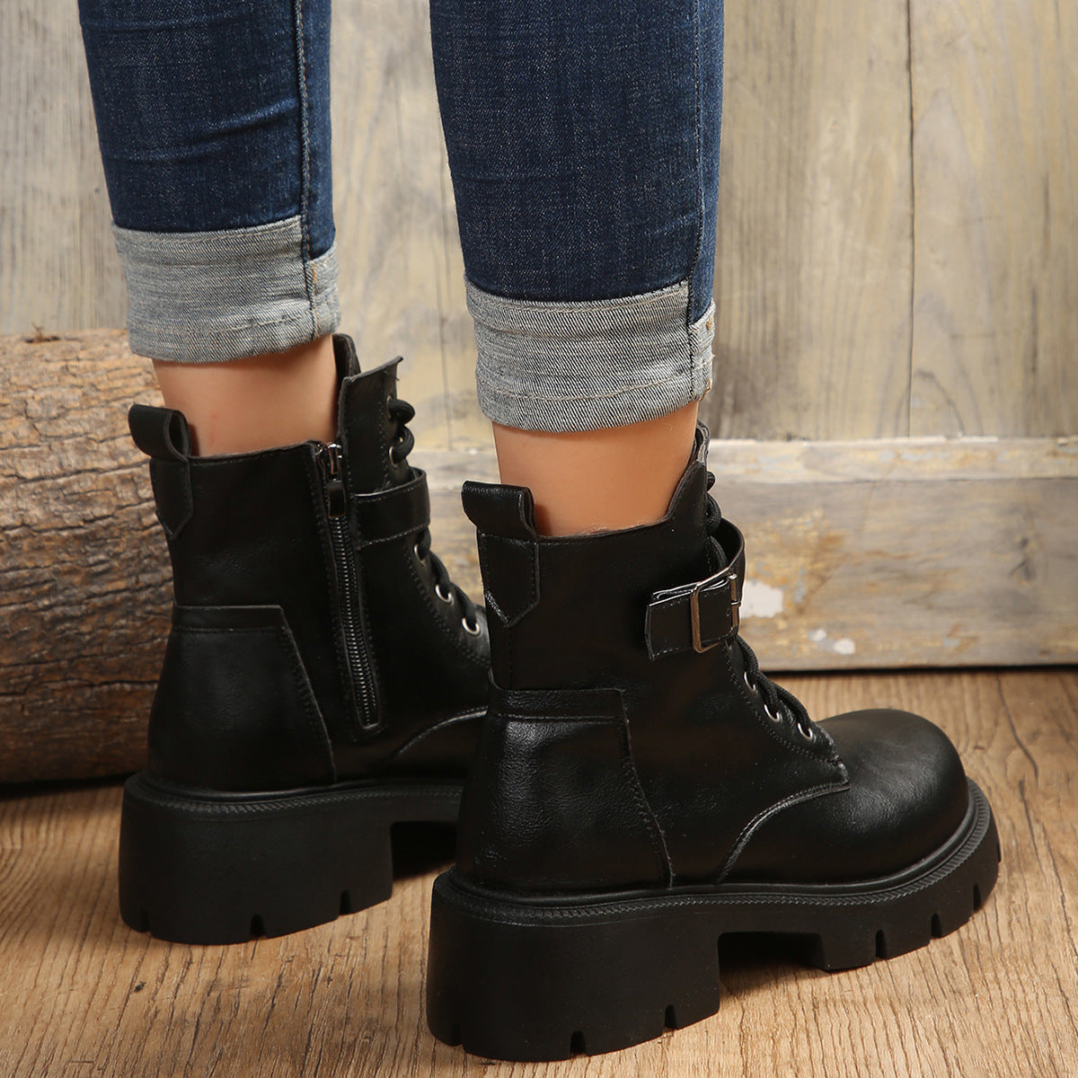 Martin Boots For Women Autumn And Winter New Plus Size Round Head Chunky Heel Casual Mid-calf