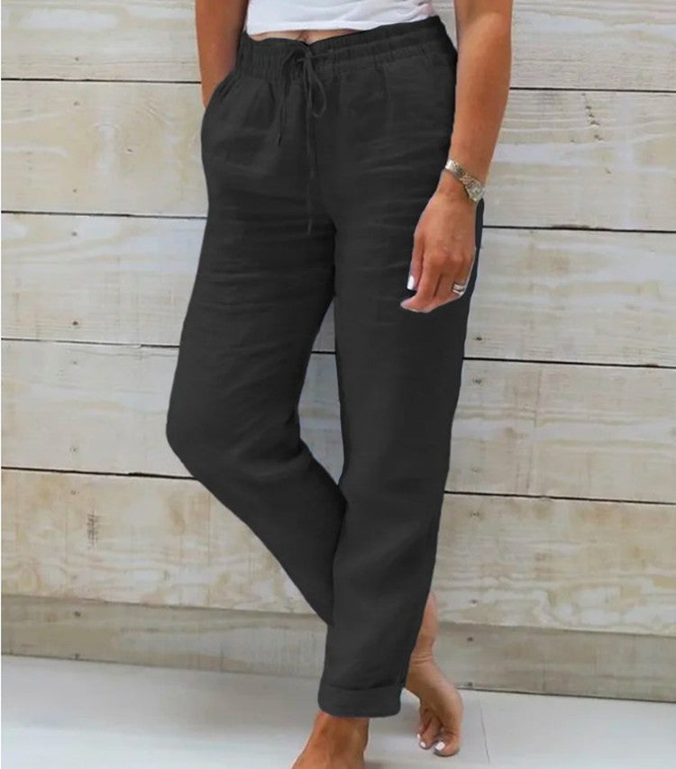 Pantalon décontracté en coton et lin taille haute pour femmes, taille élastique, couleur unie, coton et lin