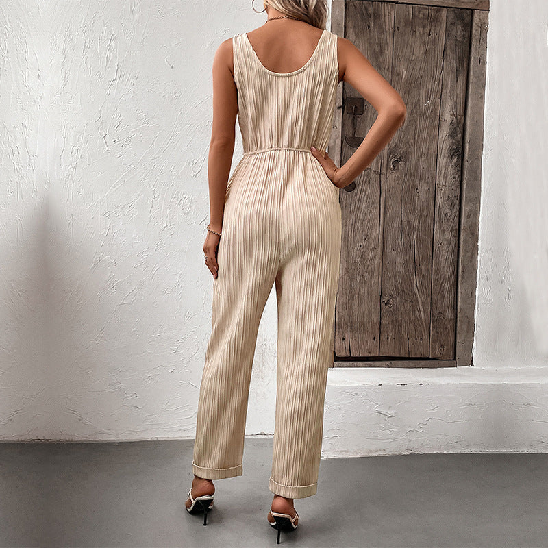 European And American Style Pleated Solid Color Suspender Jumpsuit