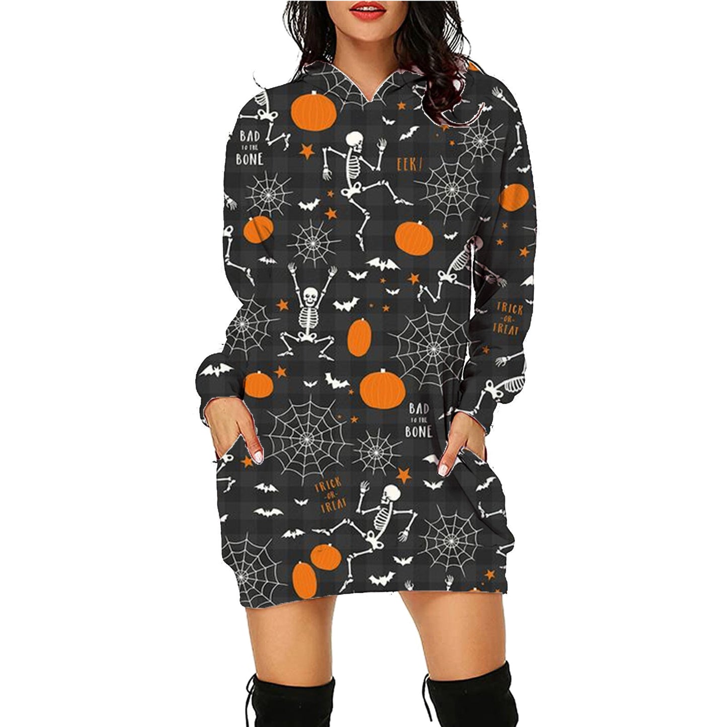 Halloween imprimé long sweat à capuche avec poches pull manches longues vêtements femmes