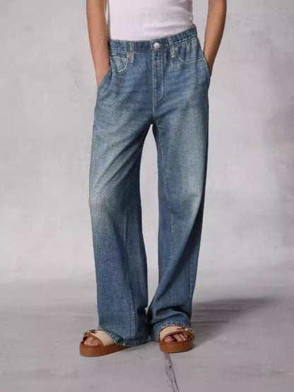 French Style All-matching Slim-fitting Mid-waist Wide Leg Jeans