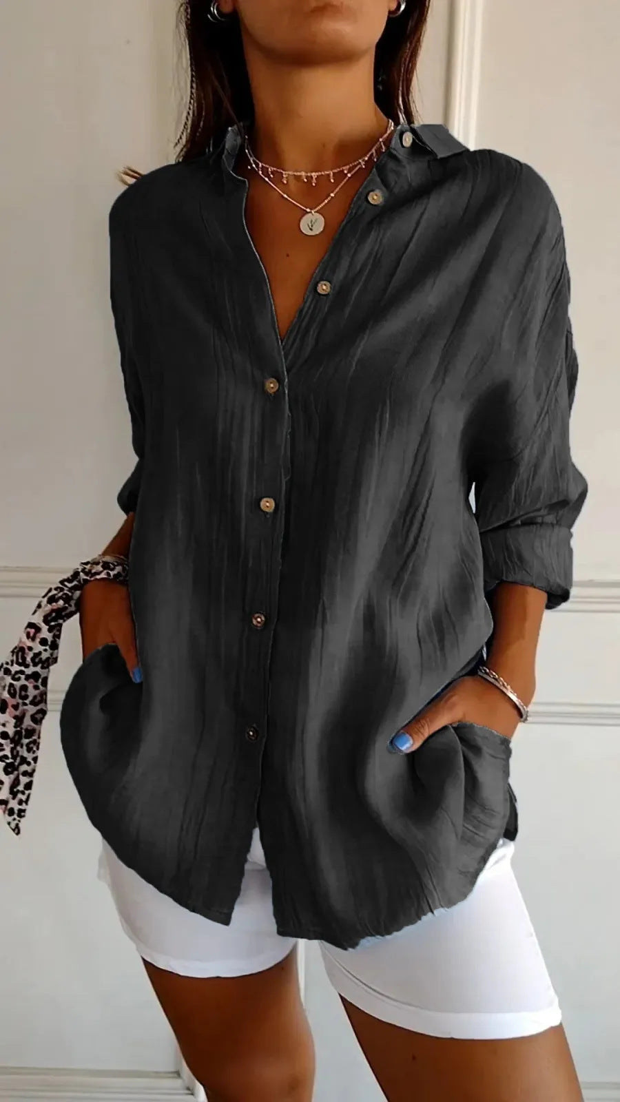 Women's Single-breasted Pleated Lapel Shirt