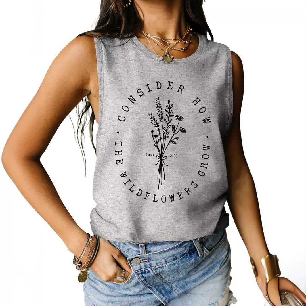 Consider How Flowers And Plants Letter Print Loose Vest