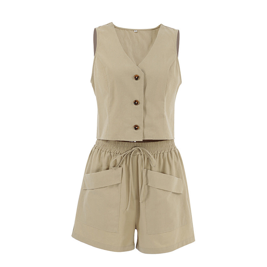 Cotton Linen Sleeveless Vest Hot Pants Casual Suit