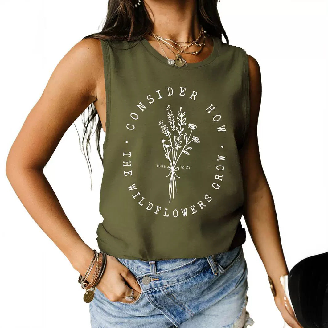 Consider How Flowers And Plants Letter Print Loose Vest