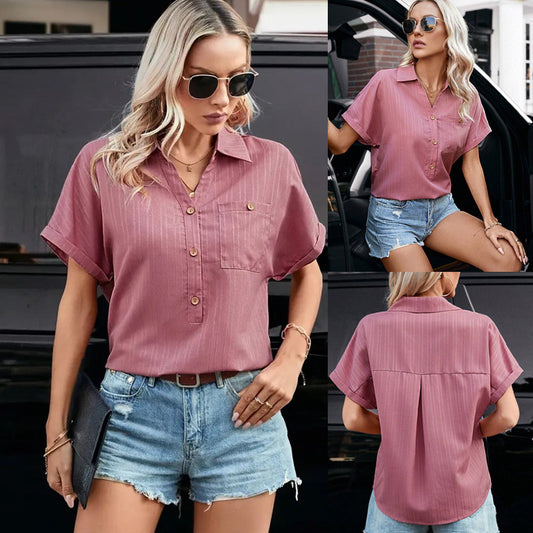 European And American Lapel Button Casual Pocket Loose Women's Tops