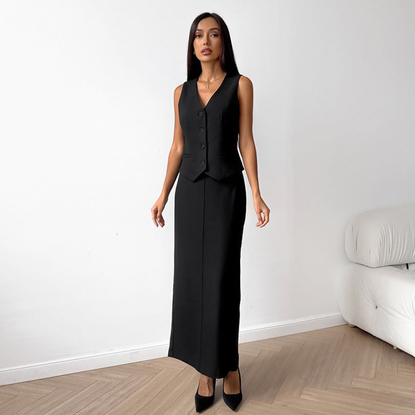 Fashion Black Vest Long Dress Two-piece Set For Women