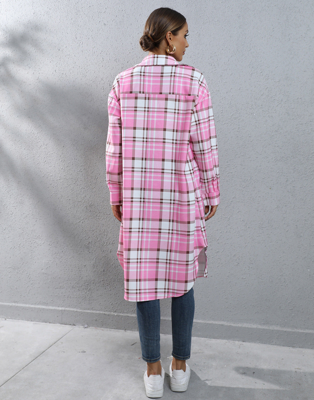 Autumn And Winter Plaid Single-breasted Long Trench Coat